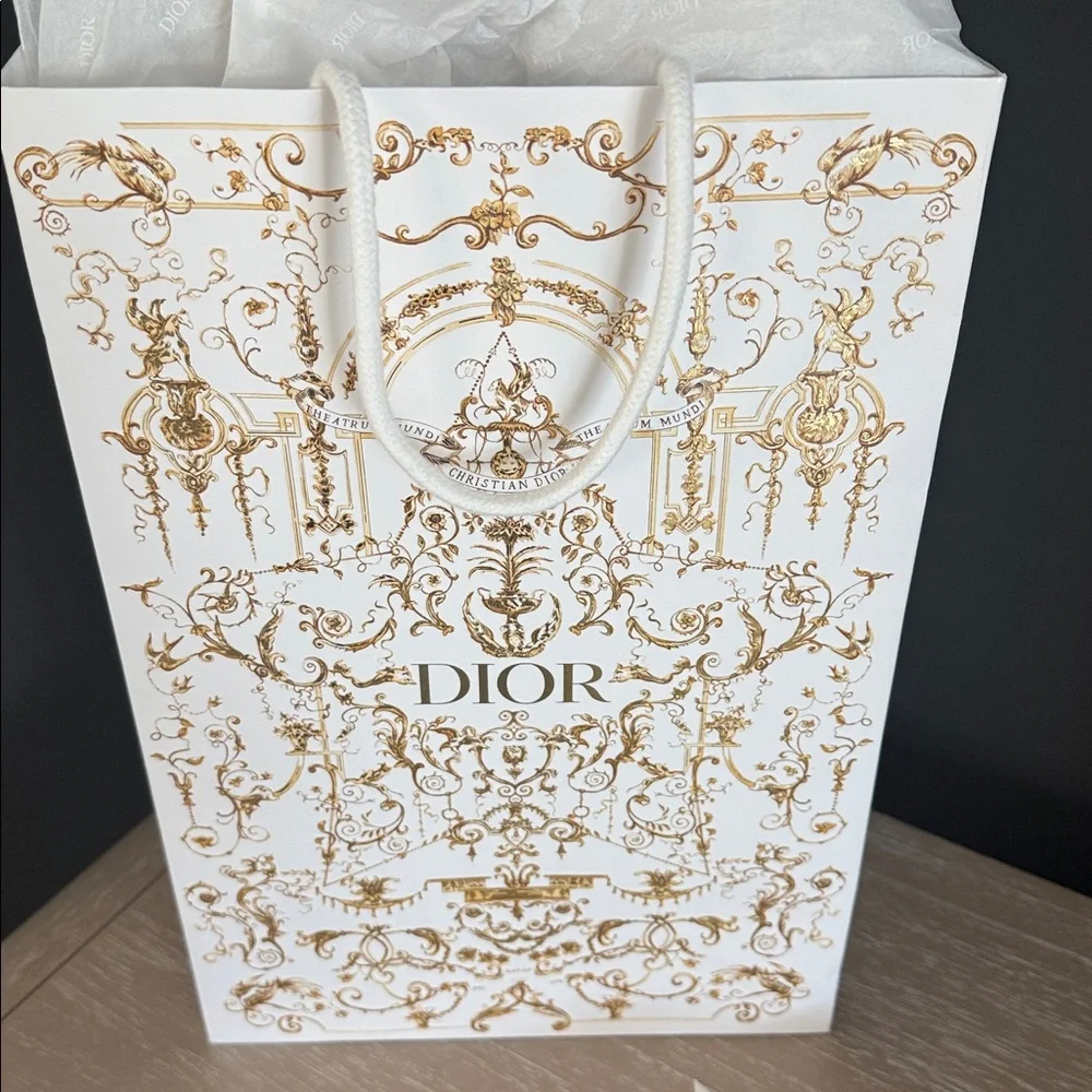 Dior White and Gold Gift Bag with Ribbon